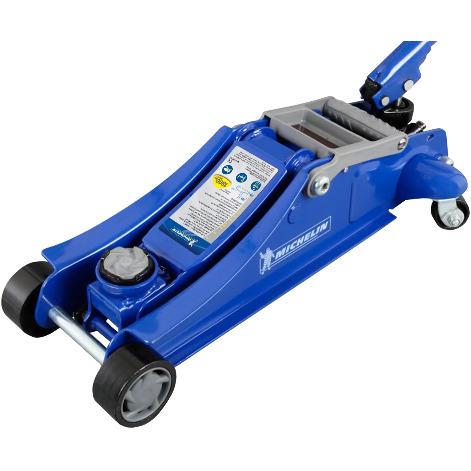 Cric a carrello blu Michelin per riparazioni auto e cambio pneumatici.