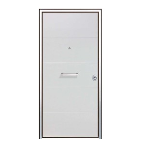 Porta blindata t.b.t. bianca con linee orizzontali, maniglia e spioncino.