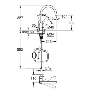 Disegno tecnico del miscelatore monocomando t.b.t. con dimensioni.