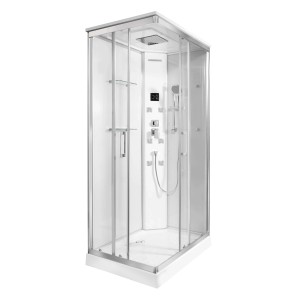 Cabina doccia t.b.t. con vetro frontale e doccia integrata.