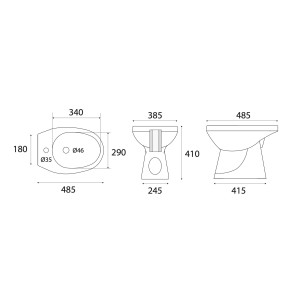 Disegno tecnico del bidet t.b.t. con dimensioni.
