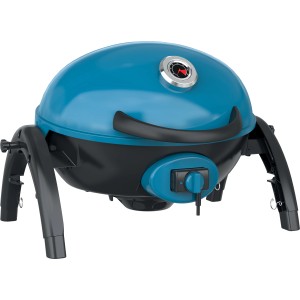 Barbecue elettrico t.b.t. blu con display della temperatura e telaio nero.