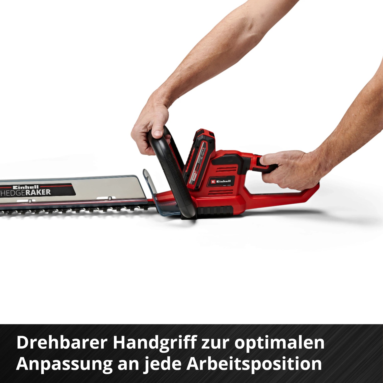 Tagliasiepi a batteria Einhell GE-CH 18/60 Li-Solo: Tagliasiepi rosso con batteria e manico girevole.