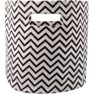 Cesto portaoggetti in tessuto con motivo a zigzag in nero e beige.
