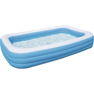 Piscina rettangolare gonfiabile per bambini, blu e bianca.
