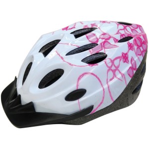 Casco da bici bianco con motivo floreale rosa per bambini.