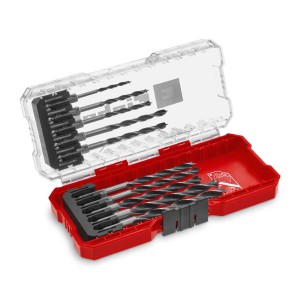 Set di punte elicoidali per legno Einhell, 10 pezzi in custodia rossa con coperchio trasparente.