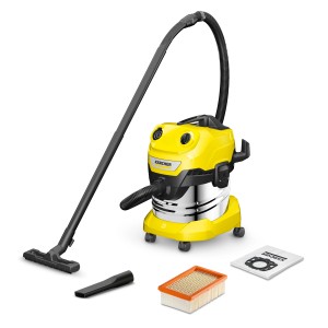 Aspiratore solidi-liquidi Kärcher WD 4 S V-20/5/22 con accessori e contenitore in acciaio inox.