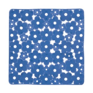 Tappetino doccia blu con motivo floreale per accessori doccia.