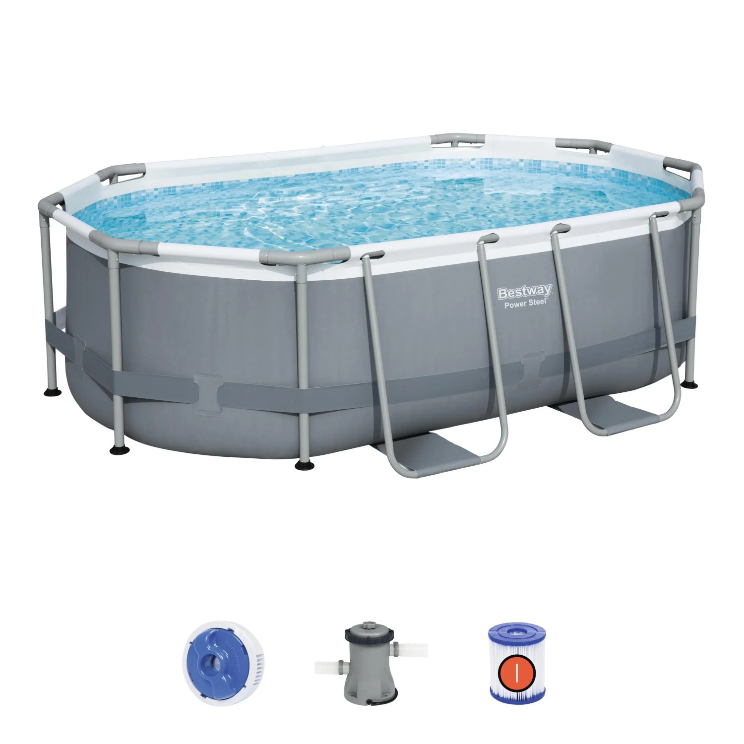 Piscina fuori terra ovale con struttura in acciaio, scaletta e pompa filtro per il giardino.