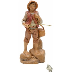 Statuina del presepe raffigurante un ragazzo con canna da pesca, design dettagliato.