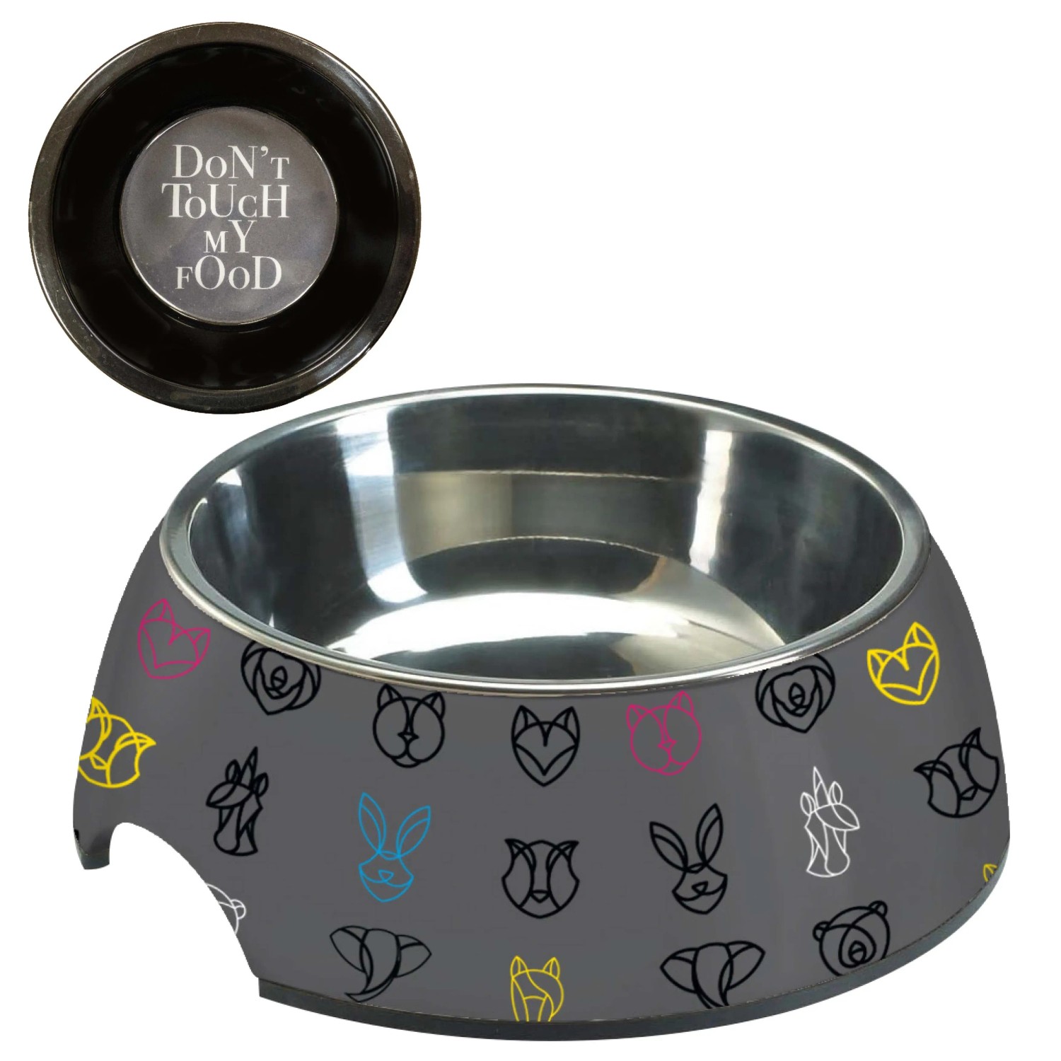 Ciotola per cani t.b.t., grigia con motivi animali e inserto in acciaio inox.