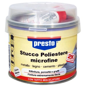 Stucco poliestere microfine Presto 250g in barattolo di metallo con coperchio trasparente.