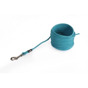 Guinzaglio per cani in corda turchese, arrotolato con moschettone.