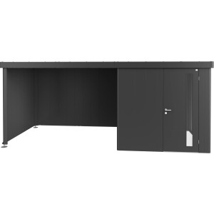 Tettoia laterale Biohort per casetta Neo, misura 2A-2D, grigio scuro metallizzato. Copertura in metallo con supporti e pluviali.