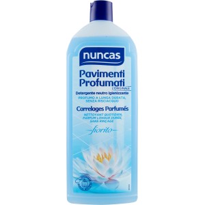 Nuncas Pavimenti Profumati detergente per pavimenti, flacone blu con fiore di loto.