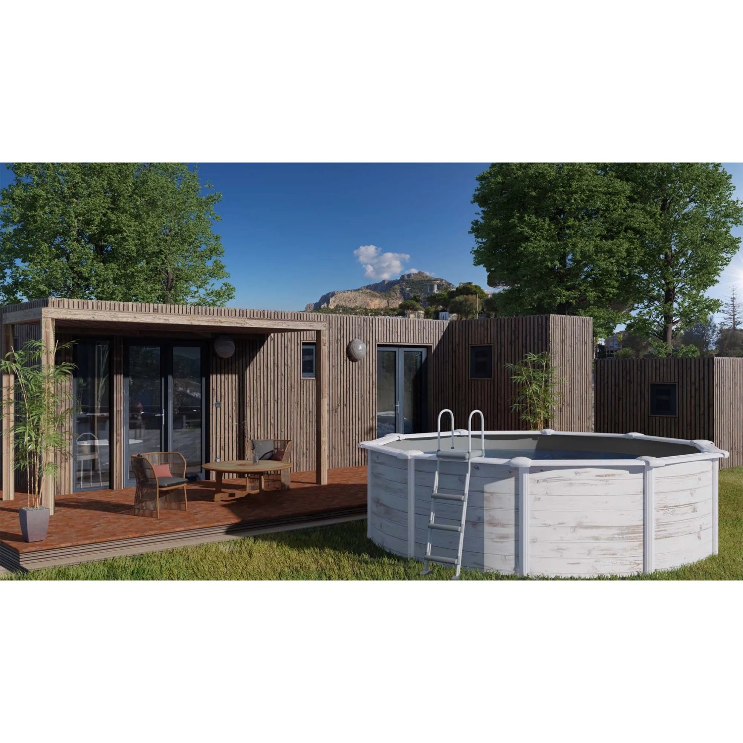 Piscina rotonda Gre Finlandia con look Nordic e scaletta in giardino.