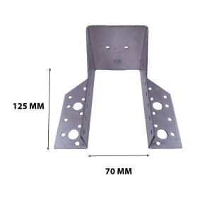 Connettore angolare per legno t.b.t., zincato, con fori e dimensioni 125 x 70 mm.