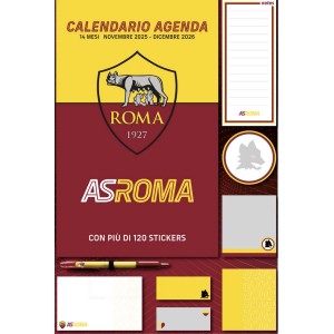 Calendario da parete AS Roma 2025/2026 con penna, note e adesivi come decorazione murale.