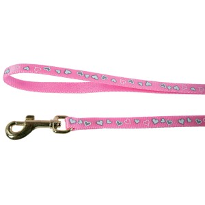 Guinzaglio rosa per gatti con motivo a cuori e moschettone.