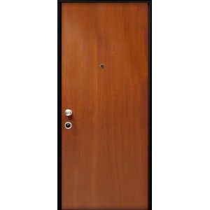Porta blindata t.b.t. marrone con telaio nero, maniglia e spioncino.