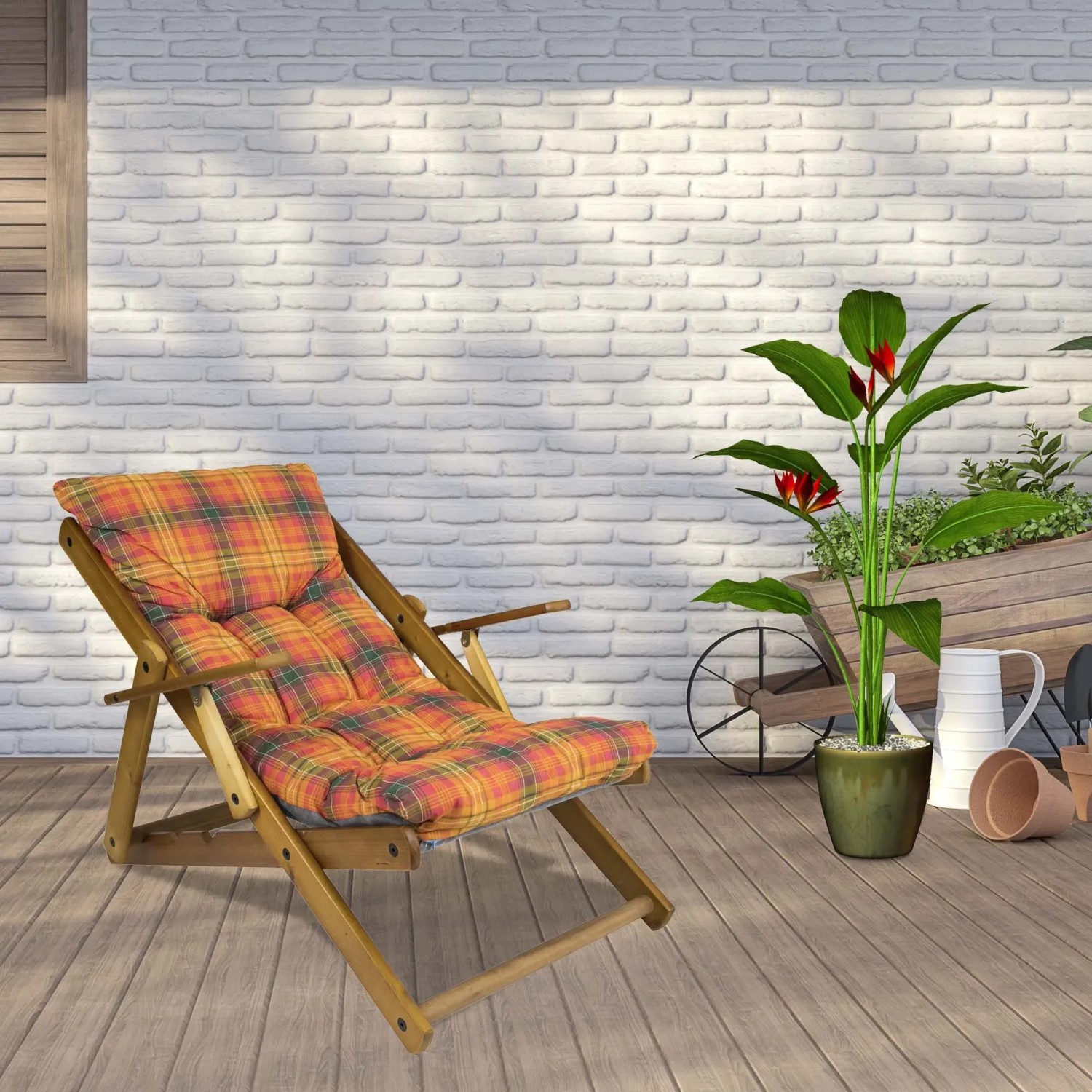 Lettino prendisole in legno con cuscino a quadri per giardino o terrazza.