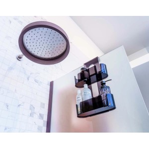 Mensola doccia nera t.b.t. da appendere alla parete della doccia con shampoo e bagnoschiuma.