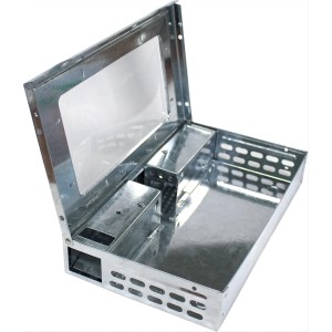 Trappola per topi viva, aperta, argentata con finestra di visualizzazione e fori di ventilazione.