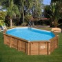 Piscina ovale in legno Gre Safran 2 (620x395x136 cm) con scaletta in giardino.