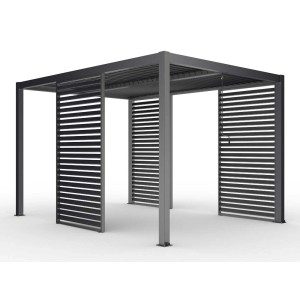 Gazebo grigio con pareti a lamelle, accessorio per il giardino.