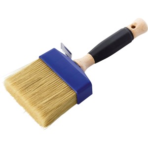 Pennello largo per superfici con testa blu e manico in legno.
