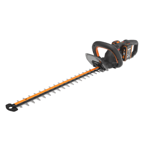 Tagliasiepi a batteria Worx Nitro WG263E con batteria, cesoie da giardino arancio e nere.