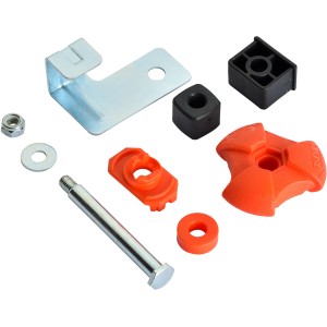 t.b.t. Ricambi per ponteggi Trabattelli: vite, dado, rondella, parti in plastica arancioni e nere.