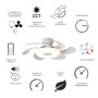 Infografica delle funzioni del ventilatore: luce, timer, modalità notte, funzione invernale, velocità.