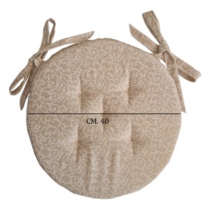 Cuscino rotondo per sedia con motivo e lacci, diametro 40 cm.