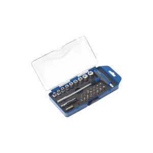Set di chiavi a bussola con impugnatura a T LUX Classic da 28 pezzi con inserti e bussole in custodia blu.