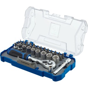 Set chiavi a bussola LUX-TOOLS 38 pz. aperto in valigetta blu con cricchetto, bussole e inserti.