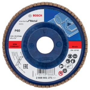 Disco lamellare Bosch P60, 115 mm per la lavorazione del metallo. Disco abrasivo per smerigliatrici angolari.