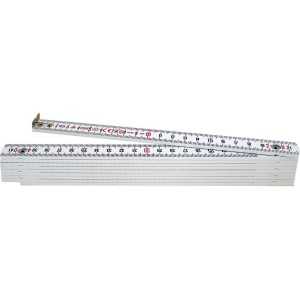 Metro pieghevole bianco, parzialmente aperto, per misurazioni. Categoria: Strumenti di misura.
