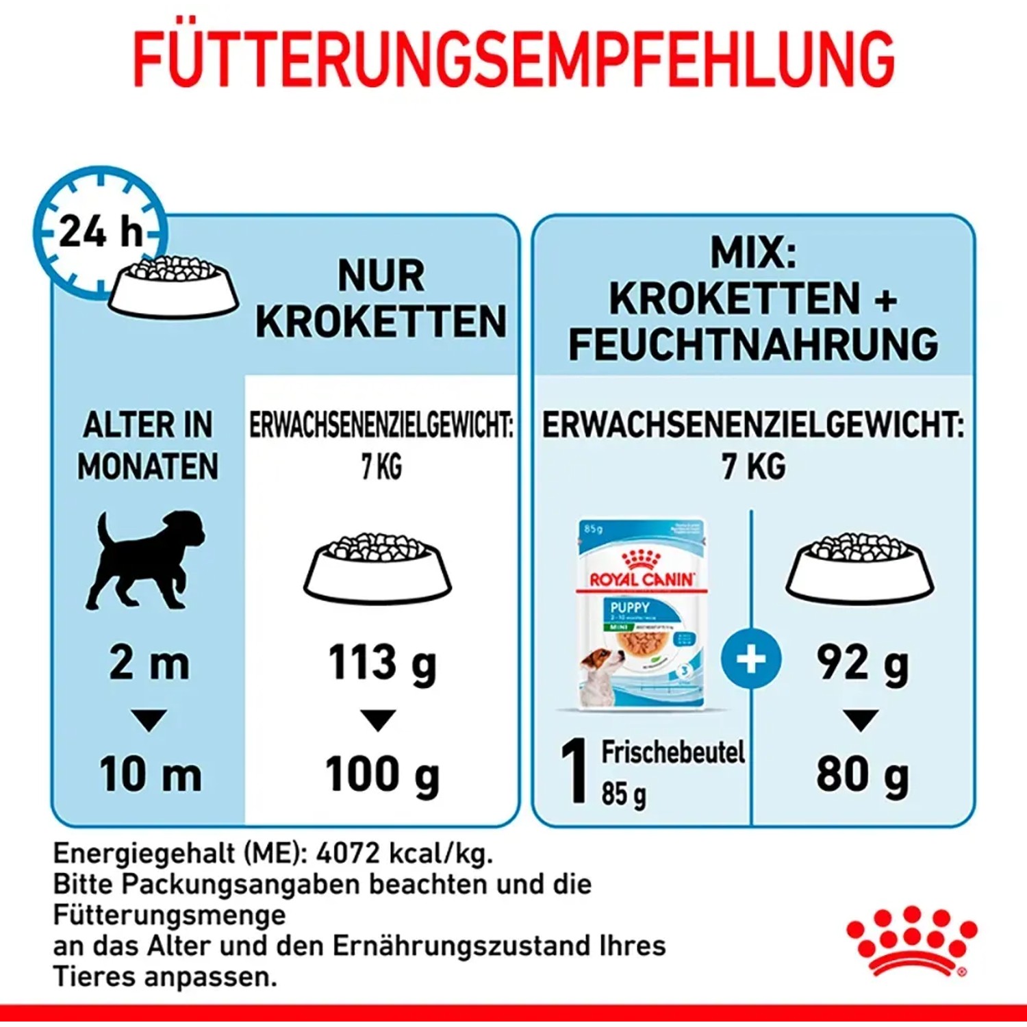 Raccomandazione di alimentazione per Royal Canin Mini Puppy cibo secco, mostrato come mix di crocchette e cibo umido.
