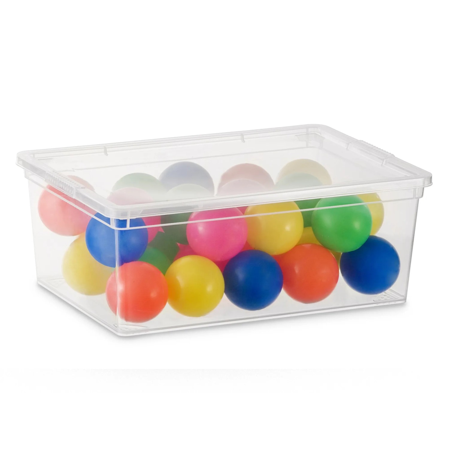 Contenitore trasparente KIS C S con coperchio, riempito con palline colorate.