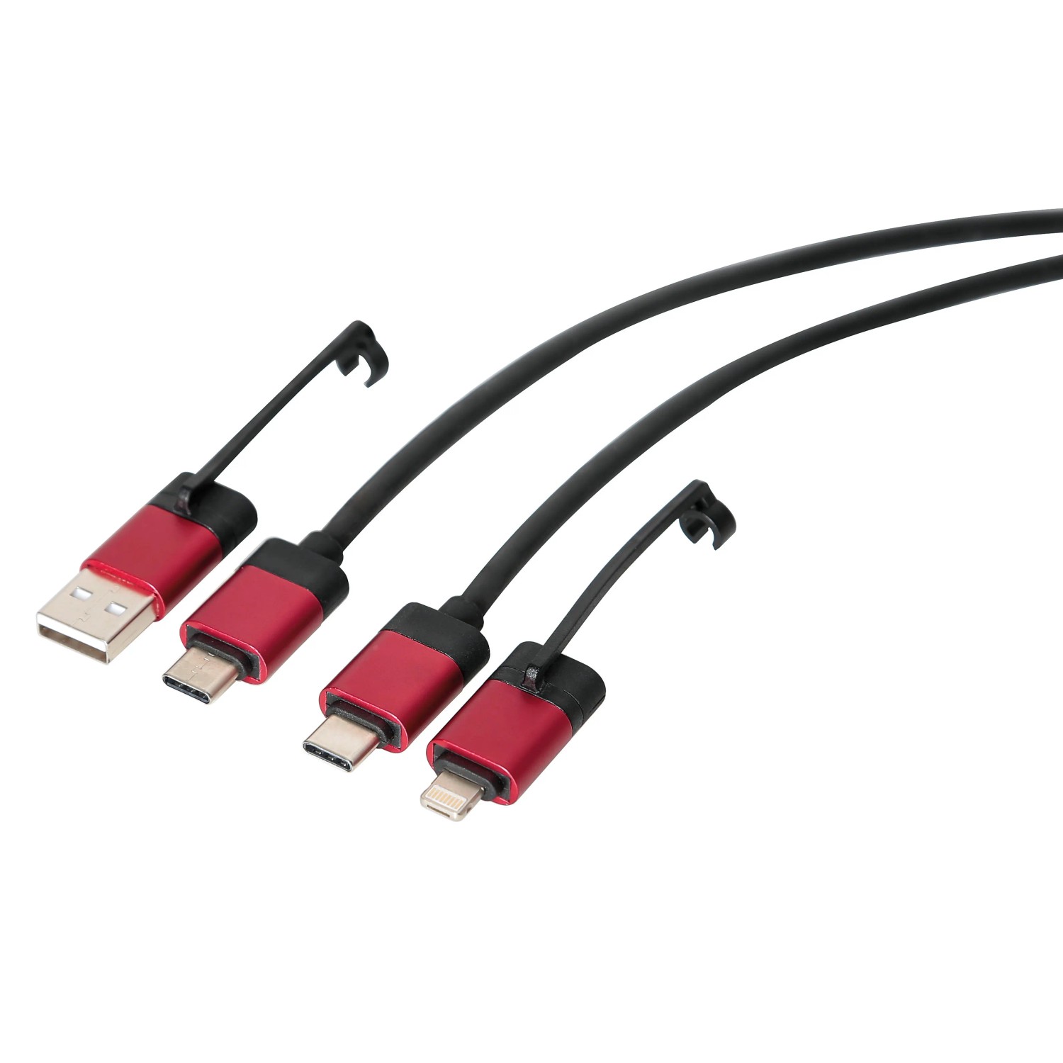 Cavo di ricarica t.b.t. con connettore USB, USB-C e Lightning per interni auto.