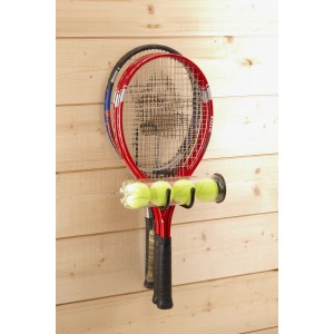 Ganci a muro con palline da tennis e racchette. Pratico portaoggetti a parete.