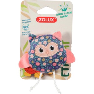 Gioco per gatti a forma di gufo blu con motivo floreale e erba gatta.