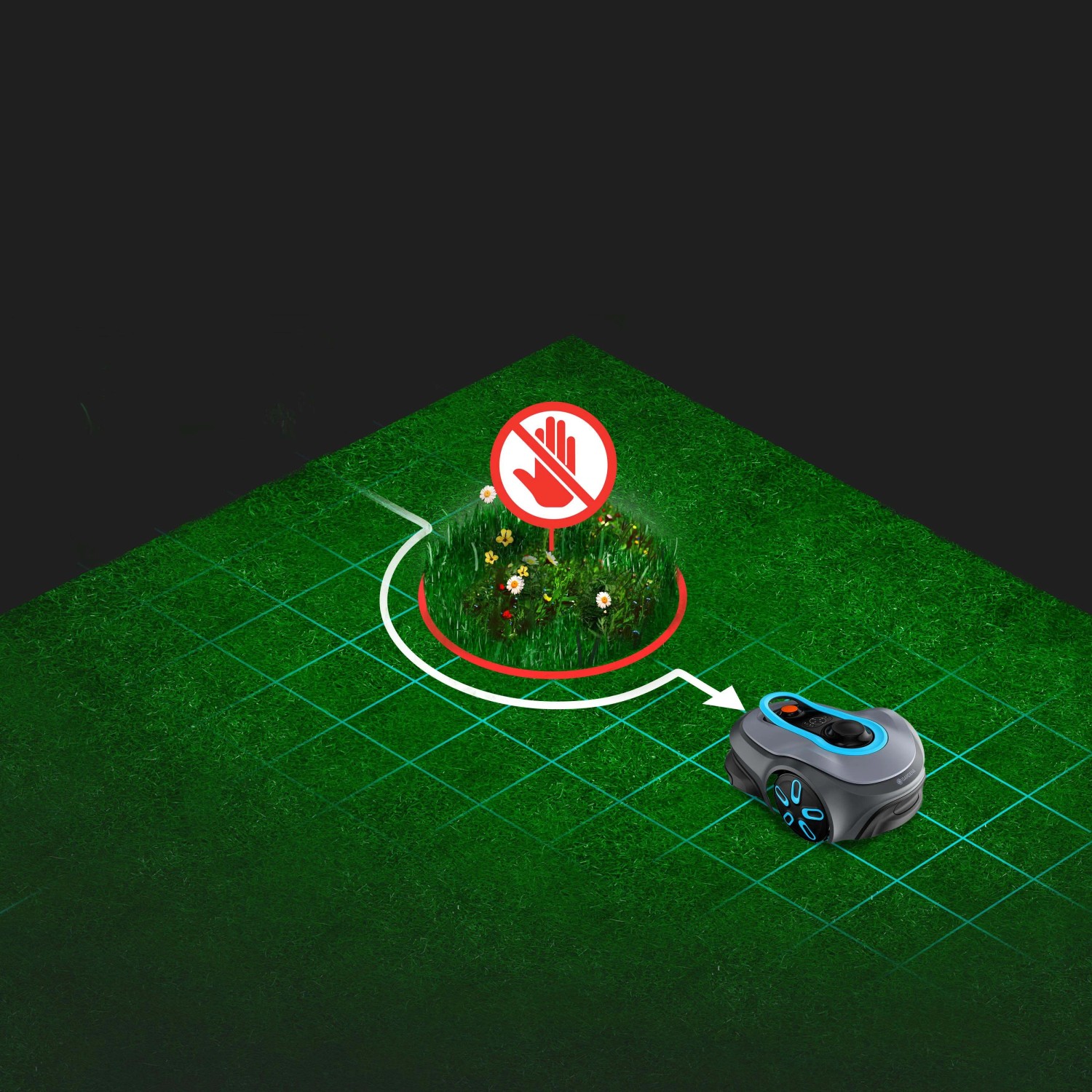 Illustrazione di un robot tagliaerba che naviga intorno a un'aiuola. Robot tagliaerba.
