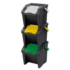 t.b.t. Pattumiera: Contenitori impilabili per rifiuti in grigio, giallo, verde e bianco.