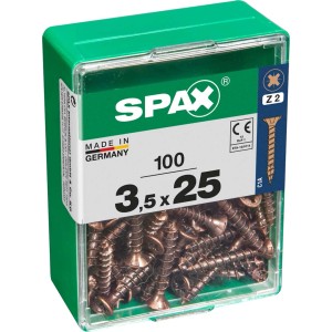 Viti per legno SPAX 3,5x25 mm, 100 pezzi in contenitore verde.