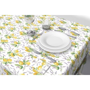 Tovaglia con motivo di limoni e lavanda, ideale per la tavola da pranzo.