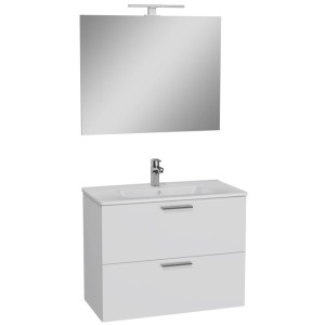 Mobile bagno bianco con due cassetti, lavabo e specchio con lampada. Set arredo bagno.