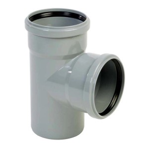 Raccordo a T grigio per tubi HT per acque reflue.